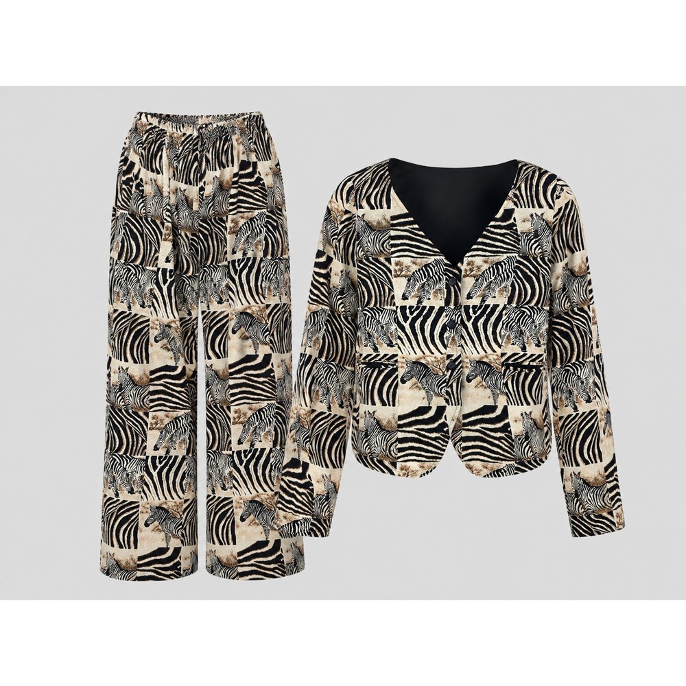 Vintage 90s Zebra Print Pant Suit 2 Piece Blazer Pants Set Animal Safari Retro